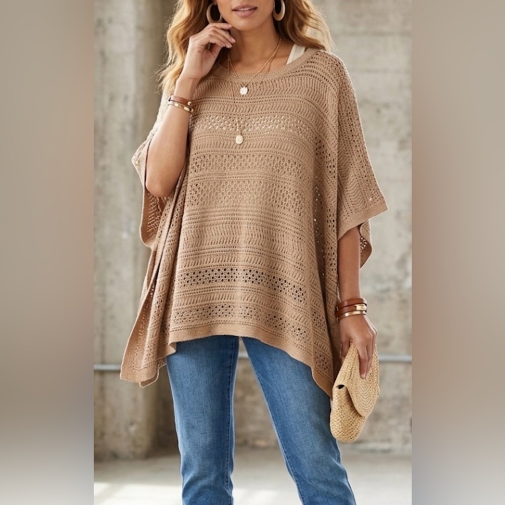 J. Jill Tan Open Knit Poncho Sweater Cotton Blend‎ Oversized S-L RN 97641